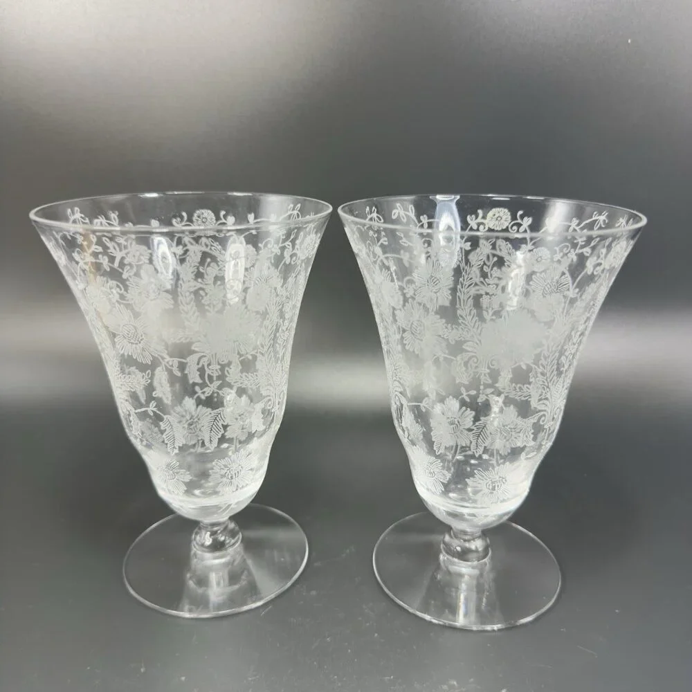 Vintage‎ Viking Glass PRELUDE Etched Clear Footed Glasses Cups Tumblers Set 2